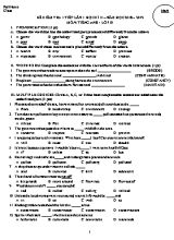 Đề kiểm tra 1 tiết lần 1 học kỳ II môn Tiếng Anh Lớp 10 - Năm học 2018-2019 (Có đáp án)